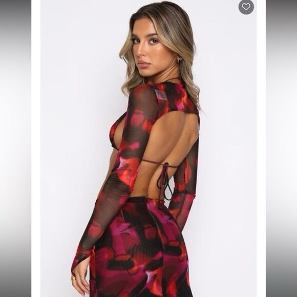 Sheer Mesh Floral 2 Piece Set | Red & Pink Y2K Clubwear Crop Top + Mini Skirt XS - Picture 6 of 16